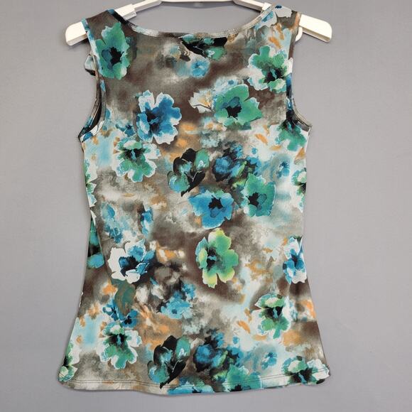 Cato Tank Top Blouse Womens Medium Blue Brown Lined Floral Ruffle Sleeveless - Picture 10 of 11